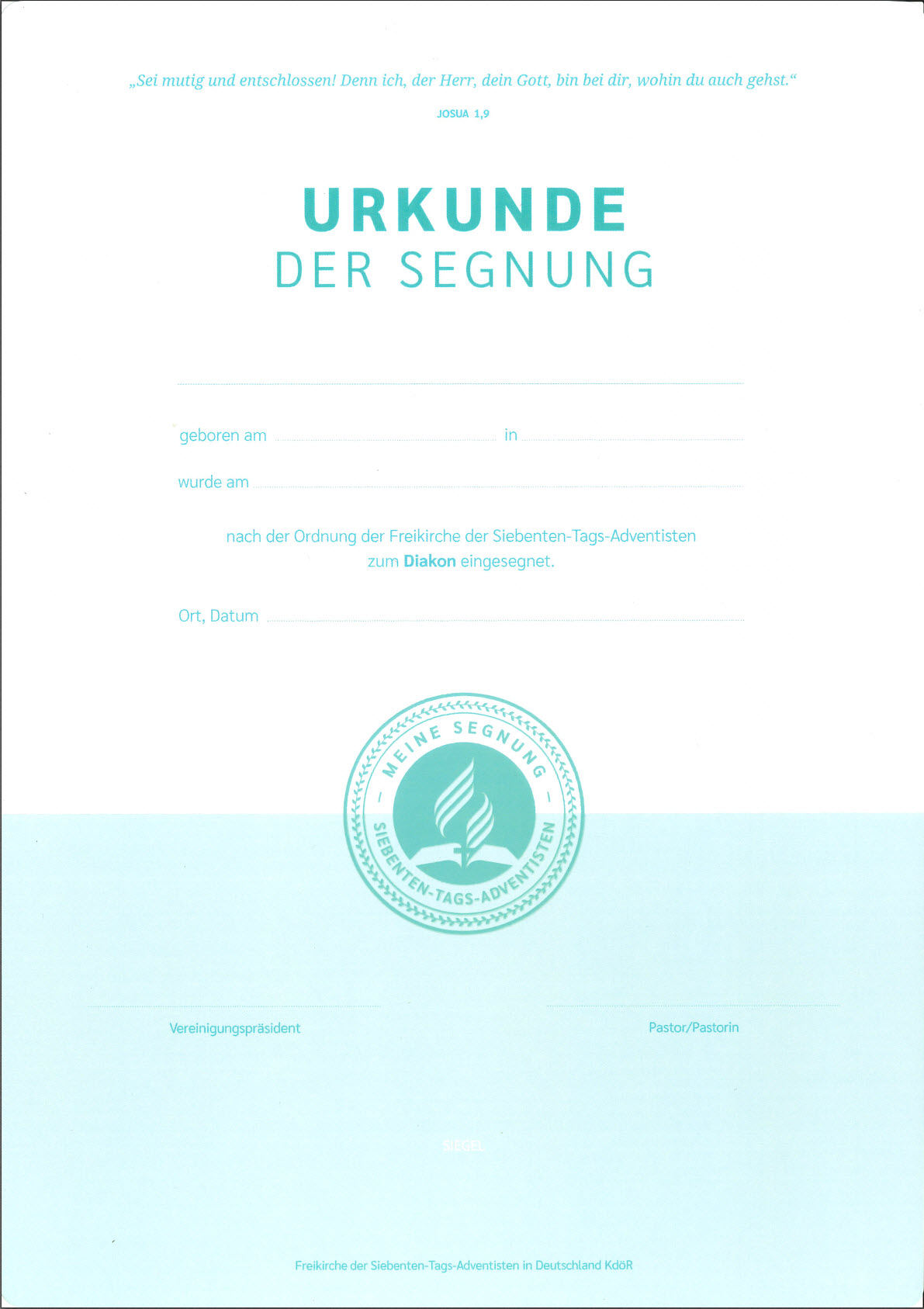 Urkunde der Segnung zum Diakon