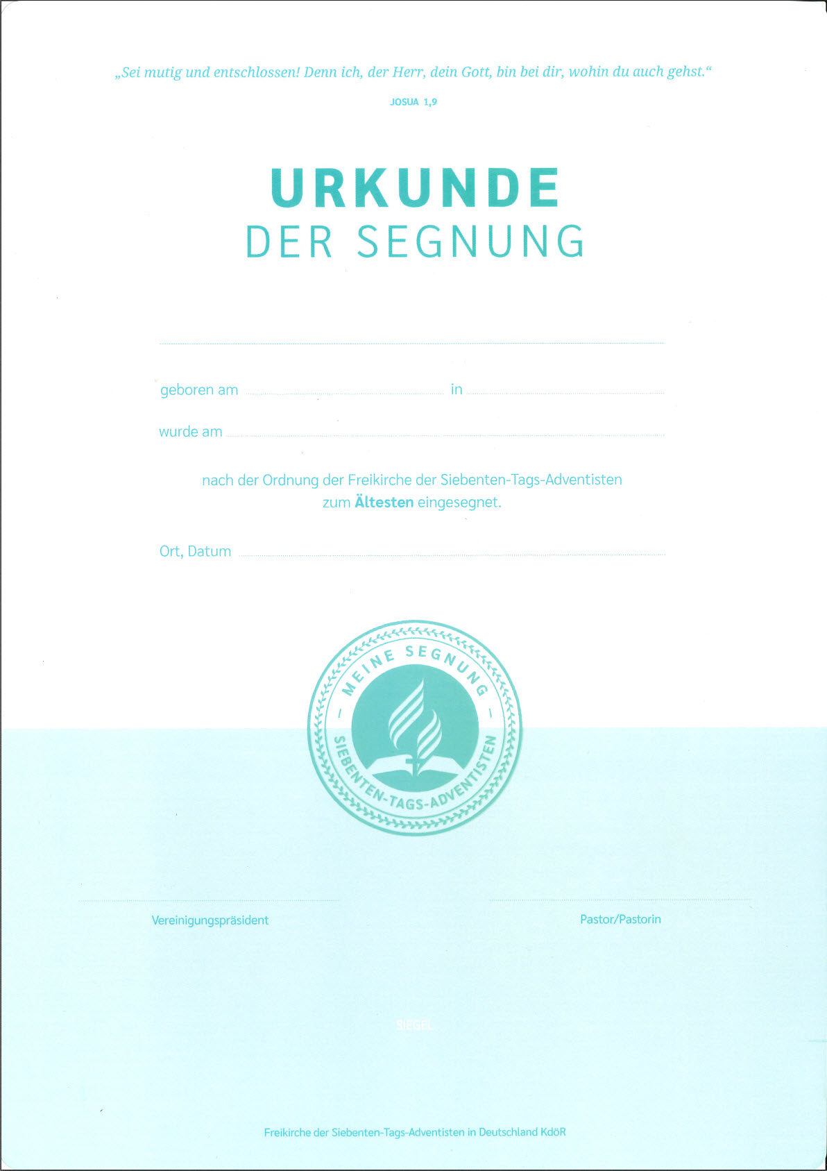 Urkunde der Segnung zum Ältesten