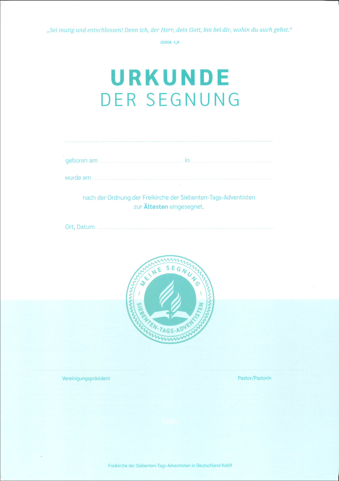 Urkunde der Segnung zur Ältesten