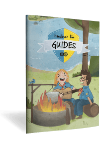 Großes Bild eines Kinderbuchs mit dem Titel "Handbuch für Guides" im Zentrallager, zeigt ein kindgerechtes Cover mit Zeichnungen von Kindern beim Singen und Gitarre spielen am Lagerfeuer, umgeben von Natur; ideal für nachhaltige Vermittlung von Abenteuergeschichten und Guides-Programmen.